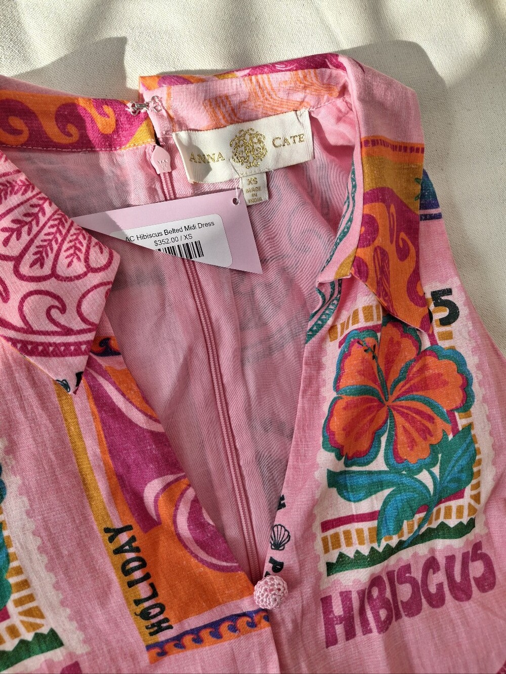 (New) Anna Cate – Hibiscus Belted Midi Novelty Print Dress (Pink) Women's XS - Picture 6 of 14